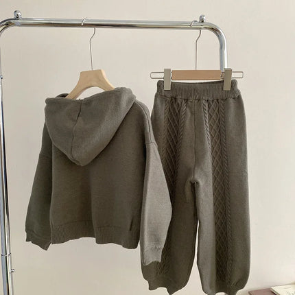 Children Clothing 2022 Autumn Winter Girls Casual Sweater Set Hooded Knitted Coat and Pants Two Piece Set Korean Kids Clothes