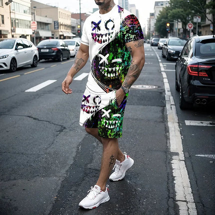 Funny 3D Demon Face Print Men Short Sleeve T-Shirt Shorts Two Piece Sets Hip Hop Trend Harajuku Streetwear Summer Casual Outfit