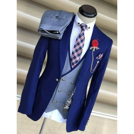 Dark Blue Men Suits 3 Pieces One Button Peaked Lapel Wedding Party Man Suit With Grey Vest Business Wedding Tuxedos Groom Dress