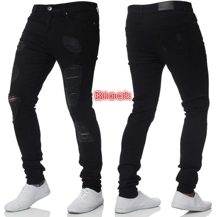 Men Jeans Pencil Pants Denim High Waist Slim Fit Sheath Solid Color Holes Slight Strech 2025 Spring Ankle Length Streetwear