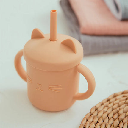 Baby Food Grade Feeding Cup Kid Double Handle Design Cute Cat Styling Straw Bottle Anti-Hot Leakproof Baby Silicone Feeding Cups