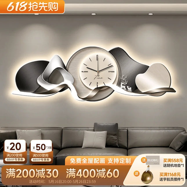 Luxury Wall Art With Built-in Clock Modern Living Room Decor 3D Wall Lamp Creative Sofa Background Painting Home Wall Decor