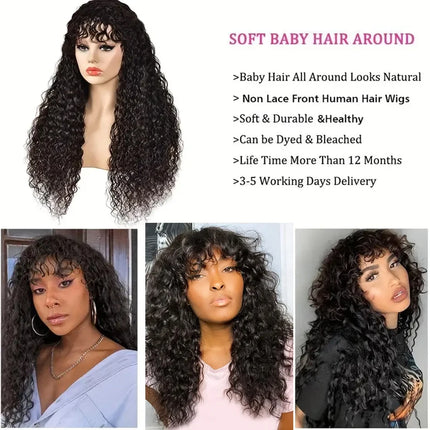 Water Wave Human Hair Wigs With Bangs For Women Full Machine Made 30 Inches Deep Curly Fringe Wig Glueless Wigs Natual Color