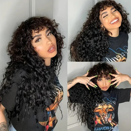 Water Wave Human Hair Wigs With Bangs For Women Full Machine Made 30 Inches Deep Curly Fringe Wig Glueless Wigs Natual Color