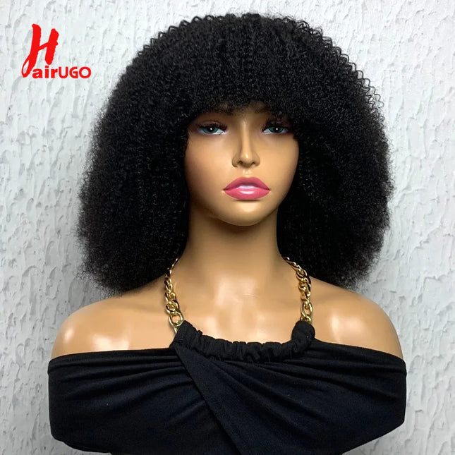250% Afro Kinky Human Hair Wig With Bangs Machine Made Afro Kinky Curly Wigs For Women Brazilian Glueless Wigs 12“-16“ HairUGo
