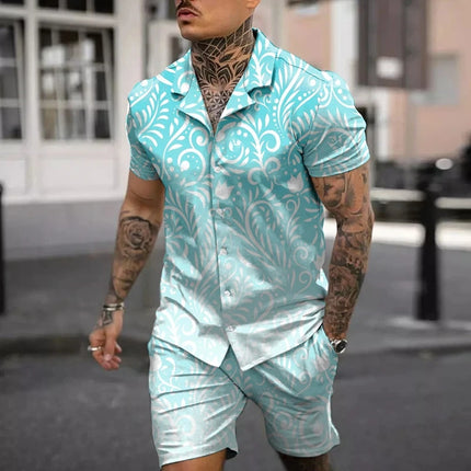 Hawaiian Vacation men's Fashion set, 3D flip-top Printed short-sleeved shirt, Casual Beach Capre Set