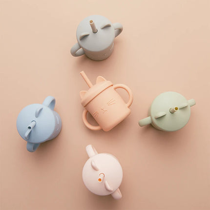 Baby Food Grade Feeding Cup Kid Double Handle Design Cute Cat Styling Straw Bottle Anti-Hot Leakproof Baby Silicone Feeding Cups
