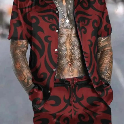 Hawaiian Vacation men's Fashion set, 3D flip-top Printed short-sleeved shirt, Casual Beach Capre Set