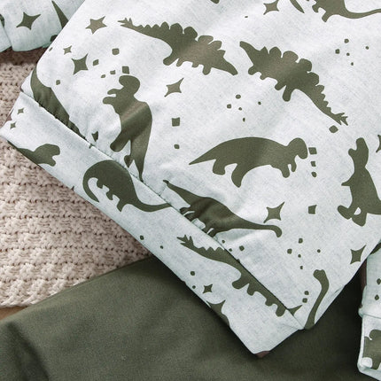 Spring and Autumn Two-Piece Baby Boy Sports Leisure Comfortable Dinosaur Pattern Long Sleeve Top Army Green Pants Suit