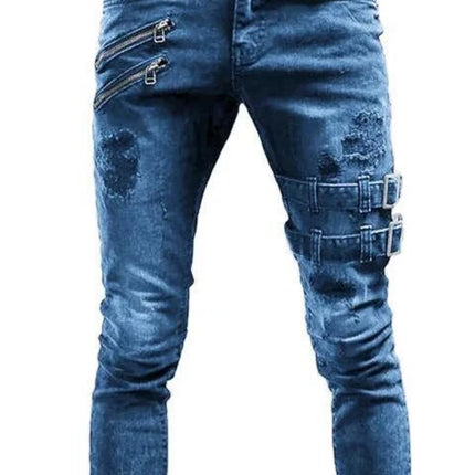 Men Jeans Denim Pencil Pants Mid Waist Moto Biker Washing Pockets Slim Slight Strech Sheath Ankle Length Zipper Fly 2024