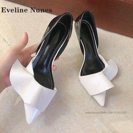 Ruffles Patent Leather Women Sandals Pointed Toe Stiletto Cover Heel Side Air High Heels Mixed Colors Slip On Shallow Shoes Sexy