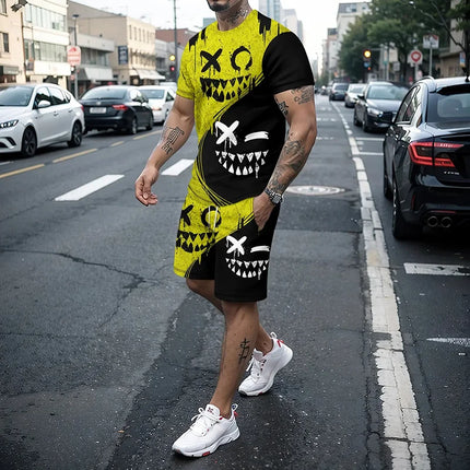 Funny 3D Demon Face Print Men Short Sleeve T-Shirt Shorts Two Piece Sets Hip Hop Trend Harajuku Streetwear Summer Casual Outfit