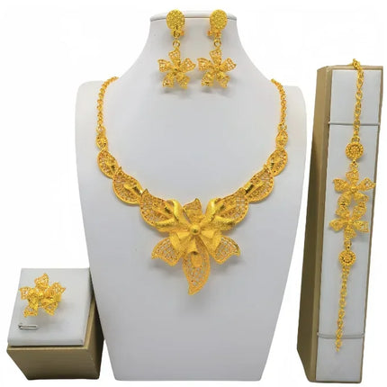 France Ethiopian Gold Color Jewelry Set For Women Dubai Necklace Bracelet Earrings Ring Set African Wedding Choker Wholesale