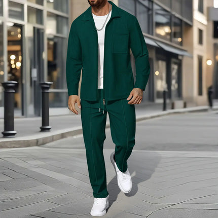 Men's Business Casual Two-Piece Set Spring Autumn Waffle Zippered Shirt Coat And Trousers Trendy Fashionable Outfit