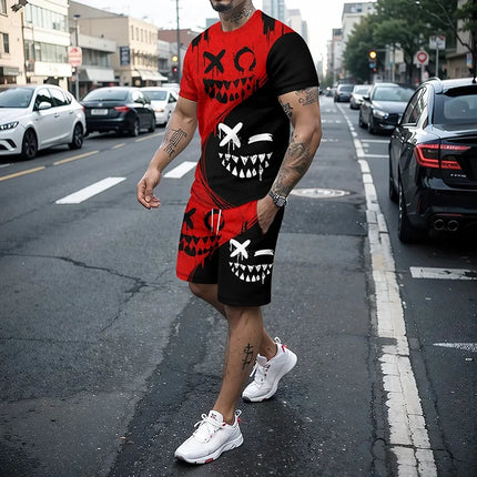 Funny 3D Demon Face Print Men Short Sleeve T-Shirt Shorts Two Piece Sets Hip Hop Trend Harajuku Streetwear Summer Casual Outfit