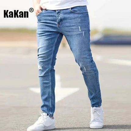 Kakan - European and American High-quality Men's Small Leg Elastic Hole Long Jeans, Street Tight New Jeans