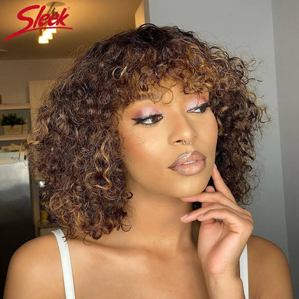 Short Pixie Bob Cut Human Hair Wigs With Bangs Full Machine Jerry Curly Wig Highlight Honey Blonde Water Wave Wigs For Women