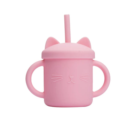 Baby Food Grade Feeding Cup Kid Double Handle Design Cute Cat Styling Straw Bottle Anti-Hot Leakproof Baby Silicone Feeding Cups