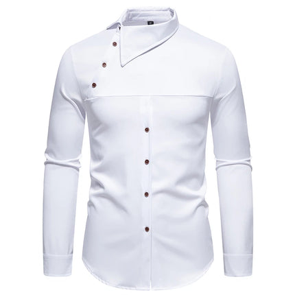 Fashion Man Stand Collar Shirt  Personality Oblique Button Irregular Long Sleeve Business Festival Hombre Mens Dress Shirts