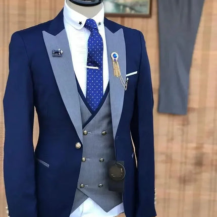 Dark Blue Men Suits 3 Pieces One Button Peaked Lapel Wedding Party Man Suit With Grey Vest Business Wedding Tuxedos Groom Dress