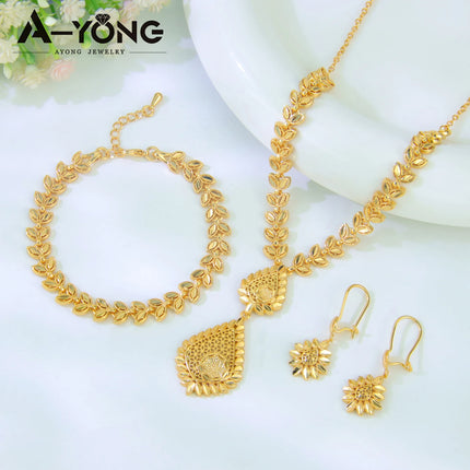 Luxury Dubai Wedding Jewelry Set 21k Gold Plated Arab Bridal Gold Necklace Bracelet Earrings Brazilian Women Vintage Jewelrys