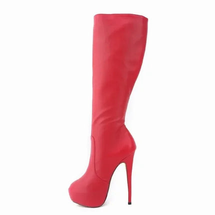 New Large Size Women Boots Autumn Winter Sexy 14cm Super High Heels Long Over Knee Long Boots Leather Round Toe Red Pumps Shoes