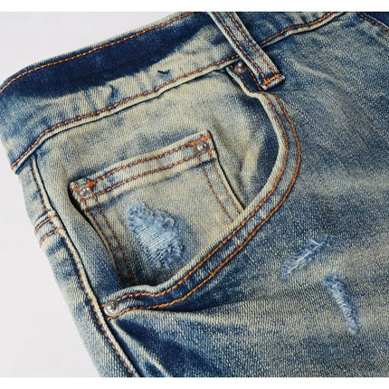 Men Stretch Slim Fit Ripped Jeans with Leather Patchwork