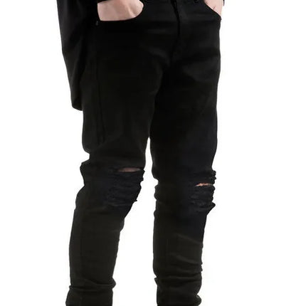 Denim Pencil Ankle Length Pants Men Jean Ripped Washed Zipper Fly Hole Jeans Skinny Solid Pockets High Street Distressed