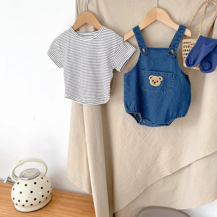 2024 Summer Cool Toddler Baby Clothing Set for Newborn Girls Striped T-shirt and Denim Bodysuits Overalls 2Pcs Boys Suits