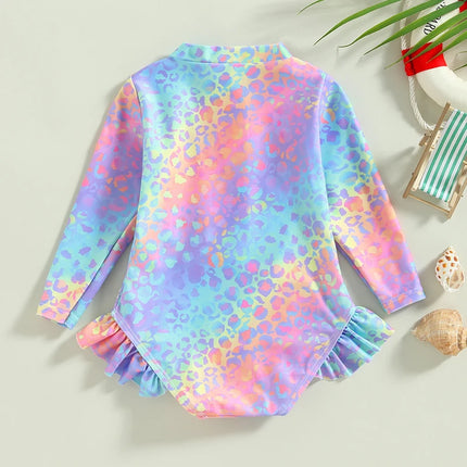 Baby Girl Fish Scale Print Swimsuit 1Piece Long Sleeve Swimwear Floral Zipper Ruffle Toddler Bathing Suit Beach Outfit