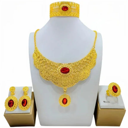 France Ethiopian Gold Color Jewelry Set For Women Dubai Necklace Bracelet Earrings Ring Set African Wedding Choker Wholesale