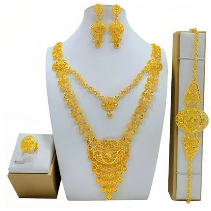 France Ethiopian Gold Color Jewelry Set For Women Dubai Necklace Bracelet Earrings Ring Set African Wedding Choker Wholesale