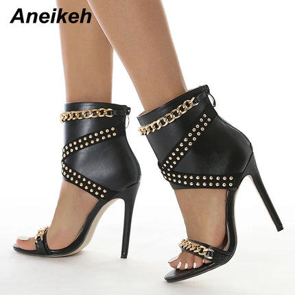 Aneikeh Sexy Rivet Metal Chain Sandals Boots Peep Toe Thin Heel Pumps Gladiator Sandalias Zipper Women High Shoes Summer 2025