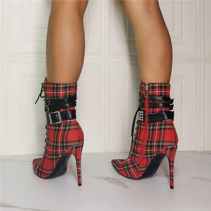 New Red Tartan Design Ankle Boots Lady Fashion Increasing Heel Spring Boots Sexy Female Platform Shoes With Buckle and Strap