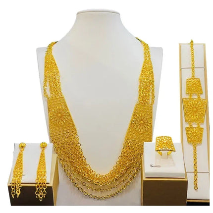 France Ethiopian Gold Color Jewelry Set For Women Dubai Necklace Bracelet Earrings Ring Set African Wedding Choker Wholesale