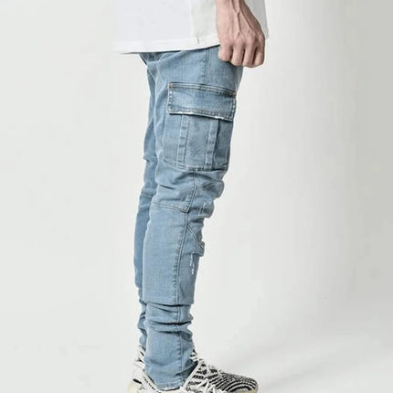 new Jeans Men Pants Wash Solid Color Multi Pockets Denim Mid Waist Cargo Jeans Plus Size Fahsion Casual Trousers Male Daily Wear