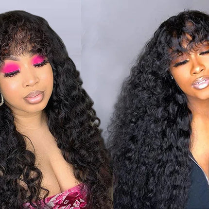 30 inch Water Wave Human Hair Wigs With Bangs Glueless Fringe Wig Kinky Curly Bob Wig with Bangs Full Machine Made Wig 180%