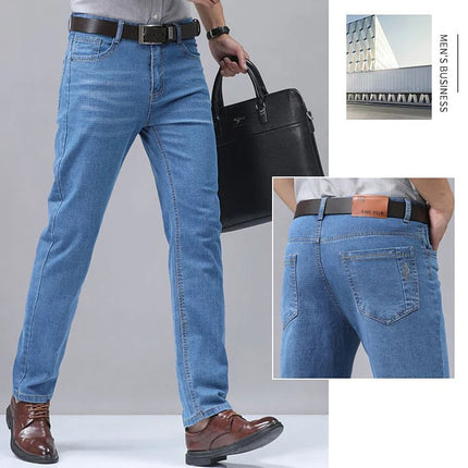 Summer Thin Men's Elastic Cotton Jeans Fashion Blue Comfortable Business Straight Casual Pants Brand Male Clothes Trousers