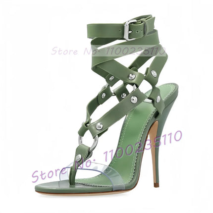 Green Buckle Cross Strap Heeled Sandals Women Open Toe Metal Rivets Flip-flops Ladies Luxury Summer Ankle Strap Stiletto Shoes