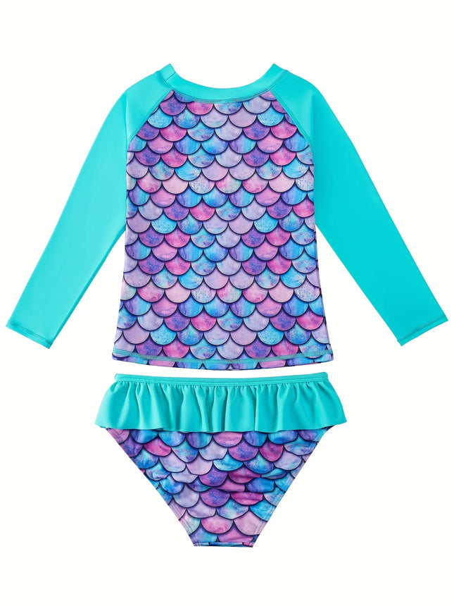 2-Piece Swimsuit Long-Sleeved Swimwear Kids Girl Crew Neck Scale Print Tops & Ruffle Detail Bikini Cut Briefs Swimming Suit 2025