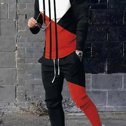 Spring And Fall Men's Long Sleeve Pant 2pcs Sets Red And Blue Striped 3D Print Man Set Everyday Fashion Men Long Sleeved T-shirt