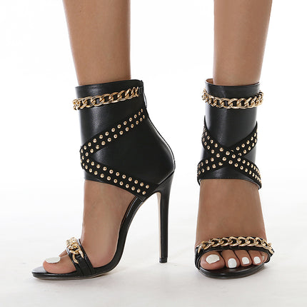 Aneikeh Sexy Rivet Metal Chain Sandals Boots Peep Toe Thin Heel Pumps Gladiator Sandalias Zipper Women High Shoes Summer 2025