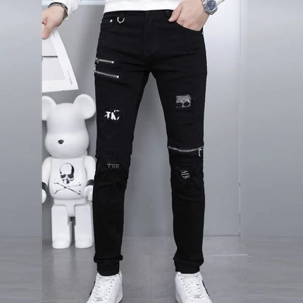 2024 Spring and Autumn Fashion Black Ripped Stretch Jeans Men's Casual Slim Breathable High-Quality Straight Leg Pants 28-36