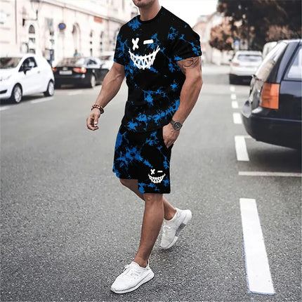 Funny 3D Demon Face Print Men Short Sleeve T-Shirt Shorts Two Piece Sets Hip Hop Trend Harajuku Streetwear Summer Casual Outfit