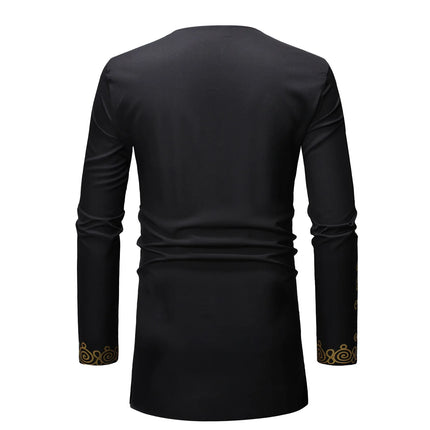 African Men's Shirt Pants Set Metallic Print Tops Long Sleeves Clothing V Neck Matching Traditional Suit With Trouser For Men