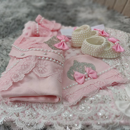 Newborn Baby Girl Coming Home Hospital Outfit Sequines Lace Tulle Romper Onesie with Blanket Princess Boho Clothes Photo Shoot