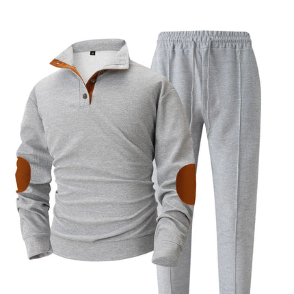 Men's new autumn style American stand-up collar button elbow patch color-block long-sleeve hoodie and pants set