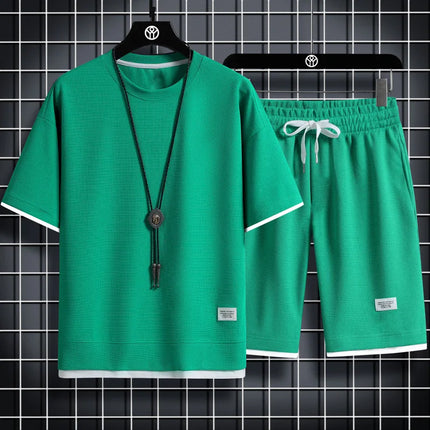 2025 New Men Europe and the United States new summer Waffle solid color short-sleeve suit shorts two sets