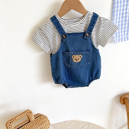 2024 Summer Cool Toddler Baby Clothing Set for Newborn Girls Striped T-shirt and Denim Bodysuits Overalls 2Pcs Boys Suits