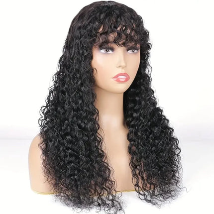 Water Wave Human Hair Wigs With Bangs For Women Full Machine Made 30 Inches Deep Curly Fringe Wig Glueless Wigs Natual Color